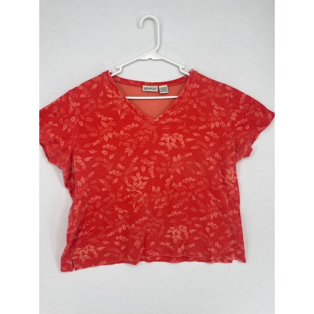 White Stag Red Floral V-Neck T-Shirt Women XL Cotton Short Sleeve Punch Print